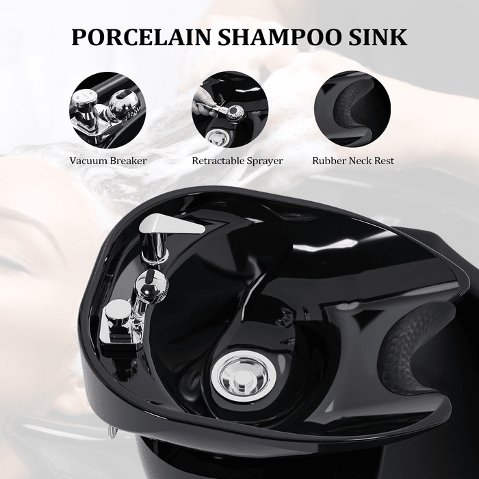 OmySalon BU1211 Electric Shampoo Bowl and Chair Backwash Unit with Reclining Legrest & Tilting Porcelain Shampoo Sink - G59000381+G59000382+G59000383