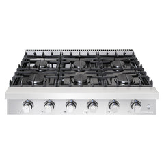 Cosmo 36" Slide-In Counter Gas Cooktop with 6 Sealed Italian Burners, Black Porcelain Surface, Cast Iron Grates, Metal Knobs in Stainless Steel - COS-GRT366