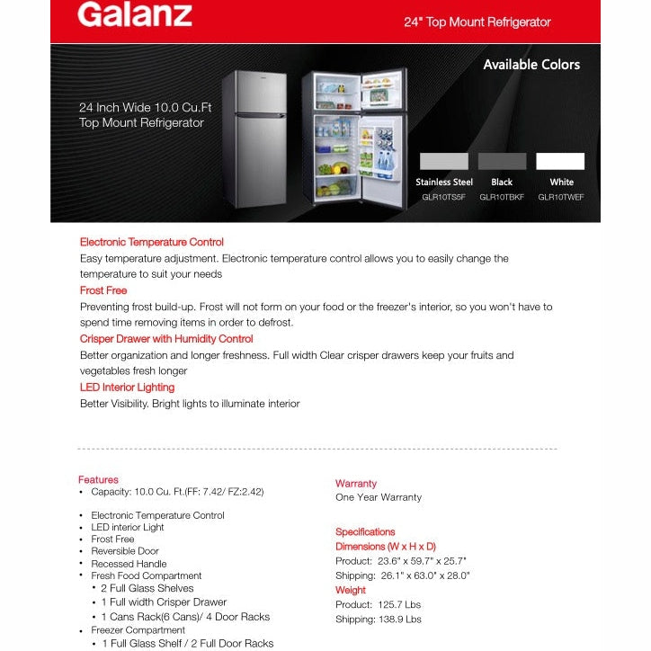 Galanz 24 in. 10 Cu. Ft. Top Mount Refrigerator In Black - GLR10TBKF