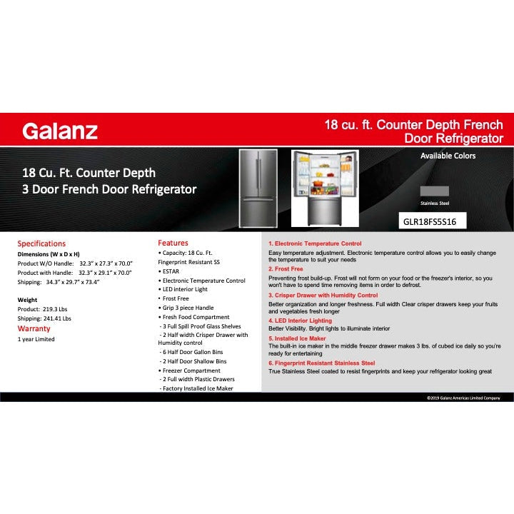 Galanz 33 in. 18-Cu. Ft Counter Depth 3-Door French Door Refrigerator In Stainless GLR18FS5S16