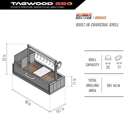 Tagwood BBQ05SS Built-In Argentine Wood Fire & Charcoal Grill - BBQ05SS