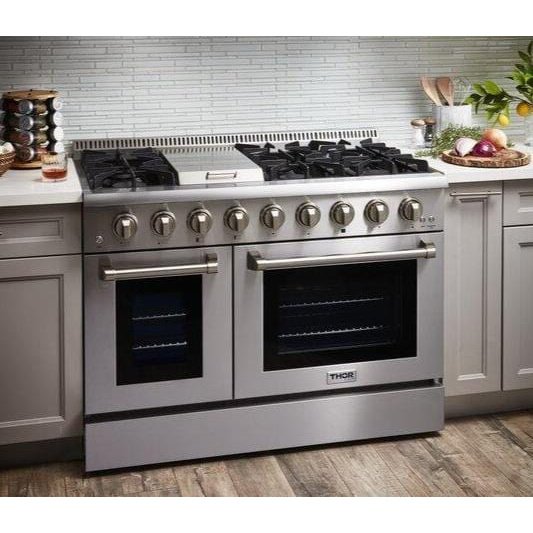 Thor Kitchen Appliance Package - 48 in. Propane Gas Burner/Electric Oven Range, Range Hood, Refrigerator, Dishwasher, AP-HRD4803ULP-3