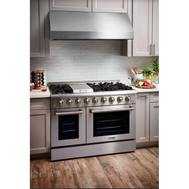 Thor Kitchen Appliance Package - 48 in. Gas Range, Range Hood, Refrigerator, Dishwasher, Microwave Drawer, Wine Cooler, AP-HRG4808U-W-6