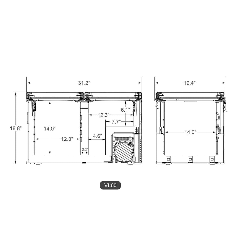 63.4QT VL60 Dual Zone Metal Fridge Freezer with Slide Mount | ICECO