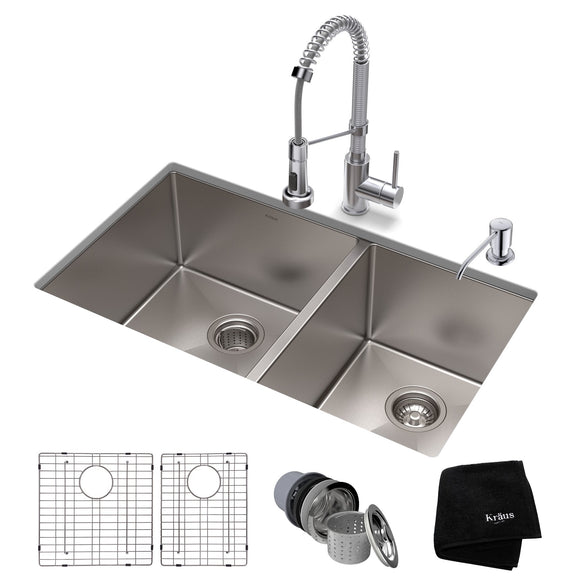 KRAUS 33" Stainless Steel Kitchen Sink and Kitchen Faucet - KHU103-33-1610-53CH