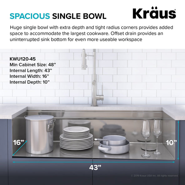 KRAUS Kore 2-Tier Workstation 45" Undermount 16 Gauge Single Bowl Stainless Steel Kitchen Sink with Accessories - KWU120-45