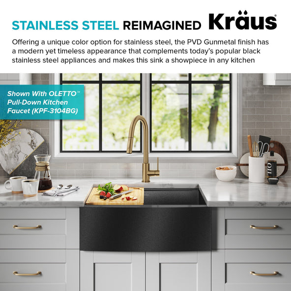 KRAUS Kore 27" Apron Front Workstation 16 Gauge Stainless Steel Kitchen Sink in PVD Gunmetal Finish - KWF210-27-PGM