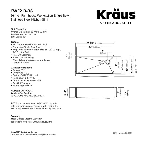 KRAUS Kore 36" 16 Gauge Stainless Steel Farmhouse Workstation Kitchen Sink - KWF210-36