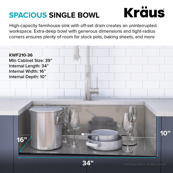 KRAUS Kore 36" 16 Gauge Stainless Steel Farmhouse Workstation Kitchen Sink - KWF210-36