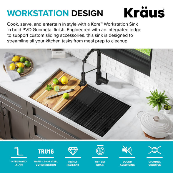 KRAUS Kore Workstation 32" Undermount 16 Gauge Single Bowl Kitchen Sink in PVD Gunmetal - KWU110-32/PGM