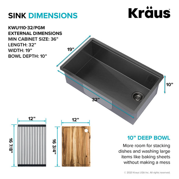 KRAUS Kore Workstation 32" Undermount 16 Gauge Single Bowl Kitchen Sink in PVD Gunmetal - KWU110-32/PGM