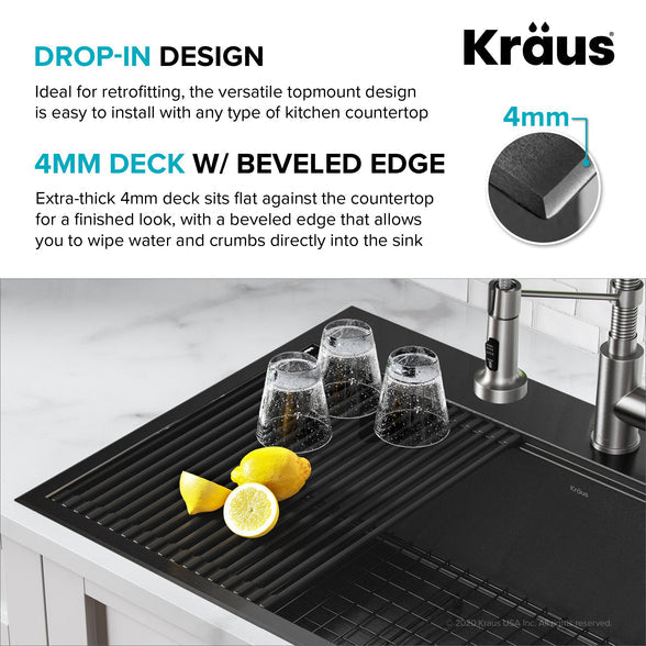 KRAUS Kore Workstation 33" Drop-In 16 Gauge Single Bowl Kitchen Sink in PVD Gunmetal - KWT310-33/PGM