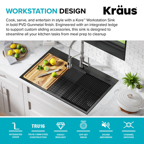 KRAUS Kore Workstation 33" Drop-In 16 Gauge Single Bowl Kitchen Sink in PVD Gunmetal - KWT310-33/PGM