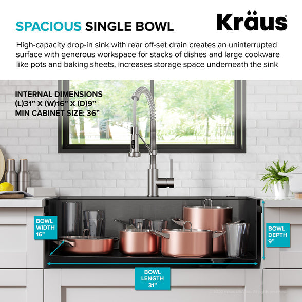 KRAUS Kore Workstation 33" Drop-In 16 Gauge Single Bowl Kitchen Sink in PVD Gunmetal - KWT310-33/PGM