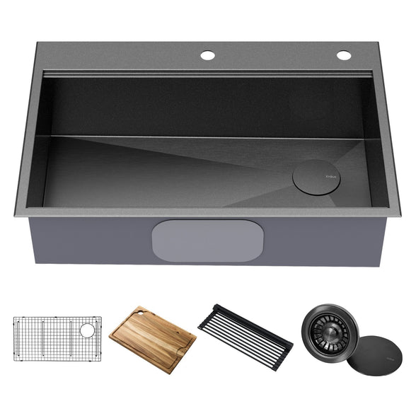 KRAUS Kore Workstation 33" Drop-In 16 Gauge Single Bowl Kitchen Sink in PVD Gunmetal - KWT310-33/PGM