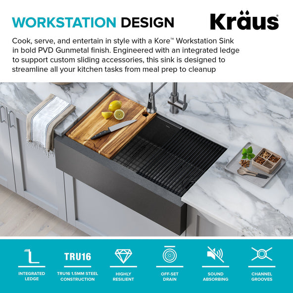 KRAUS Kore Workstation 33" Farmhouse Modern Flat Apron Front 16 Gauge Single Bowl Kitchen Sink in PVD Gunmetal - KWF410-33/PGM