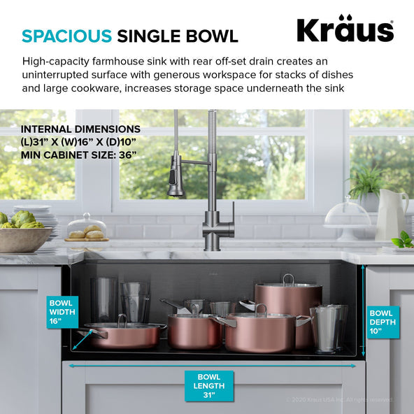 KRAUS Kore Workstation 33" Farmhouse Modern Flat Apron Front 16 Gauge Single Bowl Kitchen Sink in PVD Gunmetal - KWF410-33/PGM