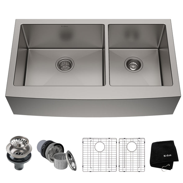 KRAUS Standart PRO 36" 16 Gauge 60/40 Double Bowl Stainless Steel Farmhouse Kitchen Sink - KHF203-36