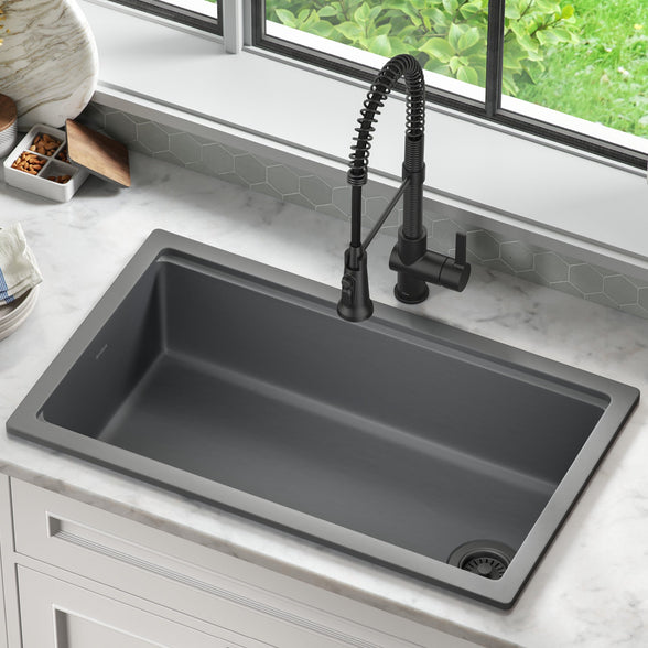 KRAUS Turino Drop-In or Undermount 33" Fireclay Workstation Kitchen Sink in Matte Grey - KFDW1-33MGR