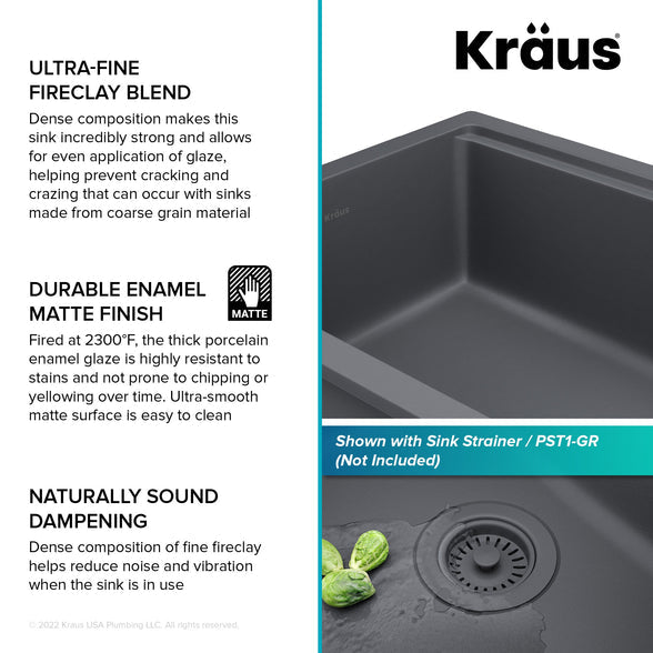 KRAUS Turino Drop-In or Undermount 33" Fireclay Workstation Kitchen Sink in Matte Grey - KFDW1-33MGR