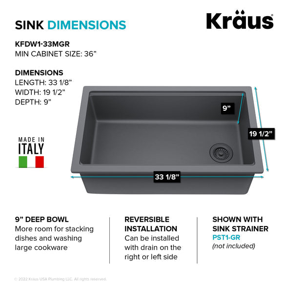 KRAUS Turino Drop-In or Undermount 33" Fireclay Workstation Kitchen Sink in Matte Grey - KFDW1-33MGR