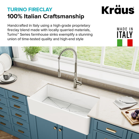 KRAUS Turino Reversible 33" Fireclay Farmhouse Flat Apron Front Single Bowl Kitchen Sink with Bottom Grid in Gloss White - KFR1-33GWH