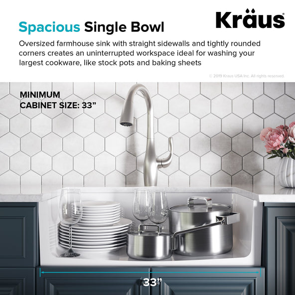 KRAUS Turino Reversible 33" Fireclay Farmhouse Flat Apron Front Single Bowl Kitchen Sink with Bottom Grid in Gloss White - KFR1-33GWH