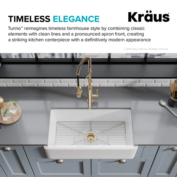 KRAUS Turino Reversible 33" Fireclay Farmhouse Flat Apron Front Single Bowl Kitchen Sink with Bottom Grid in Gloss White - KFR1-33GWH