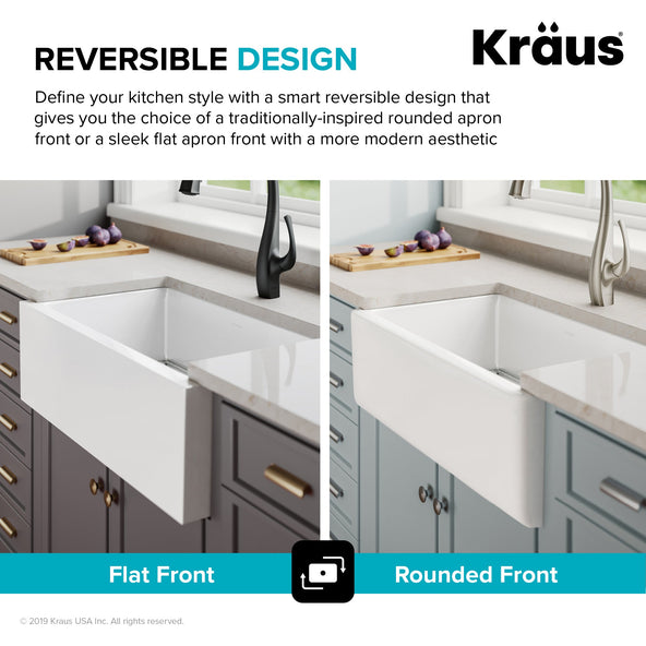 KRAUS Turino Reversible 33" Fireclay Farmhouse Flat Apron Front Single Bowl Kitchen Sink with Bottom Grid in Gloss White - KFR1-33GWH