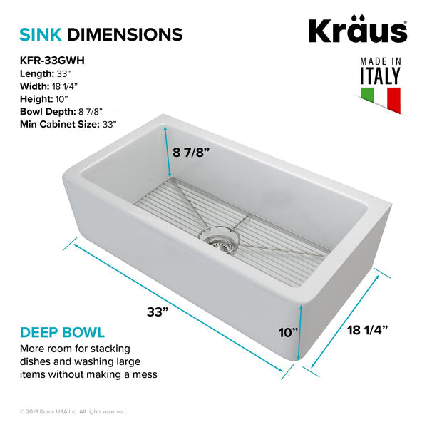 KRAUS Turino Reversible 33" Fireclay Farmhouse Flat Apron Front Single Bowl Kitchen Sink with Bottom Grid in Gloss White - KFR1-33GWH