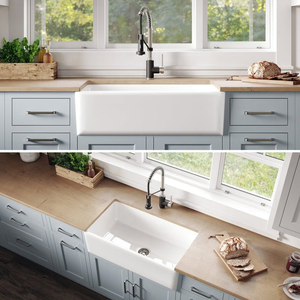 KRAUS Turino Reversible 33" Fireclay Farmhouse Flat Apron Front Single Bowl Kitchen Sink with Bottom Grid in Gloss White - KFR1-33GWH