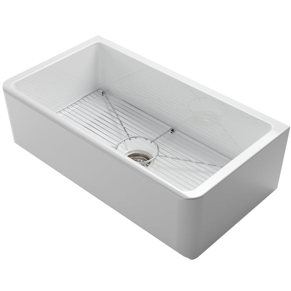 KRAUS Turino Reversible 33" Fireclay Farmhouse Flat Apron Front Single Bowl Kitchen Sink with Bottom Grid in Gloss White - KFR1-33GWH