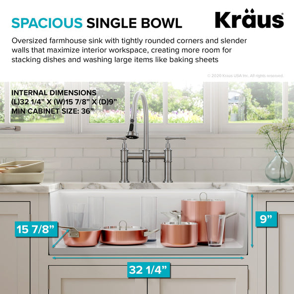 KRAUS Turino Workstation 33" Reversible Apron Front Fireclay Kitchen Sink with Accessories in Gloss White - KFR4-33GWH