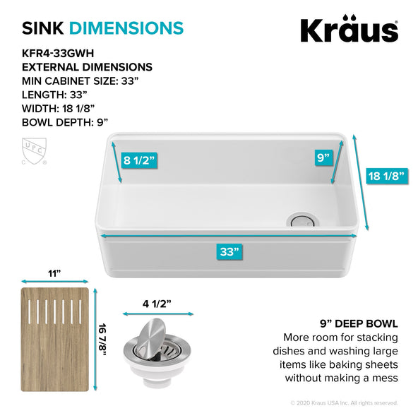 KRAUS Turino Workstation 33" Reversible Apron Front Fireclay Kitchen Sink with Accessories in Gloss White - KFR4-33GWH