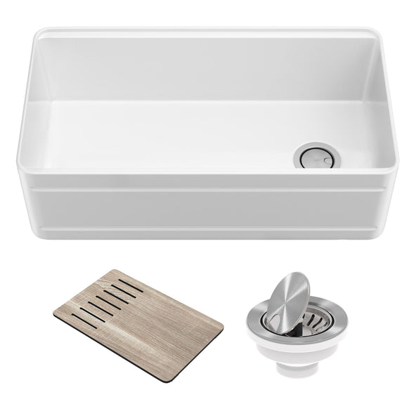 KRAUS Turino Workstation 33" Reversible Apron Front Fireclay Kitchen Sink with Accessories in Gloss White - KFR4-33GWH