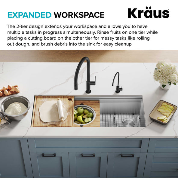 KRAUS Kore 2-Tier Workstation 45" Undermount 16 Gauge Single Bowl Stainless Steel Kitchen Sink with Accessories - KWU120-45