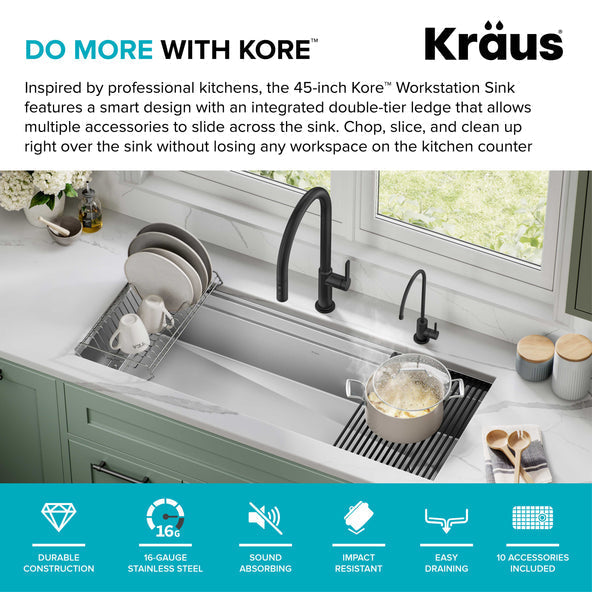 KRAUS Kore 2-Tier Workstation 45" Undermount 16 Gauge Single Bowl Stainless Steel Kitchen Sink with Accessories - KWU120-45