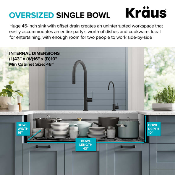 KRAUS Kore 2-Tier Workstation 45" Undermount 16 Gauge Single Bowl Stainless Steel Kitchen Sink with Accessories - KWU120-45