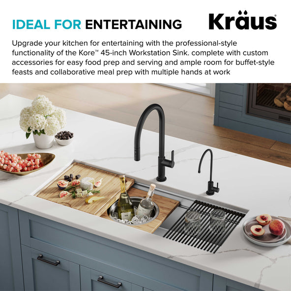 KRAUS Kore 2-Tier Workstation 45" Undermount 16 Gauge Single Bowl Stainless Steel Kitchen Sink with Accessories - KWU120-45