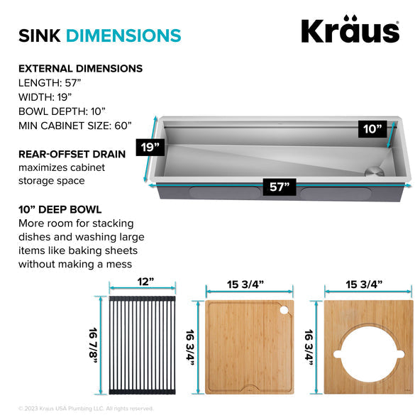 KRAUS Kore Dual Tier 57" Undermount Workstation 16 Gauge Single Bowl Kitchen Sink - KWU210-57