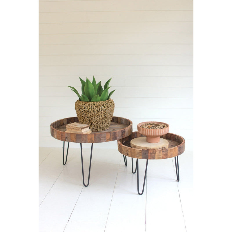 Kalalou Set Of Two Recycled Round Wooden Coffee Tables W Iron Bases - NMCC1246