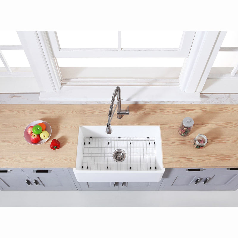 Kingston Brass 30 in. Farmhouse Kitchen Sink with Strainer and Grid, Matte White - KGKFA301810BC