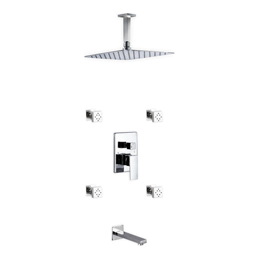 KubeBath 7 Piece Shower Set with 12" Ceiling Mount Square Rain Shower, Tub Filler and 4 Body Jets - CR3004JTF3V