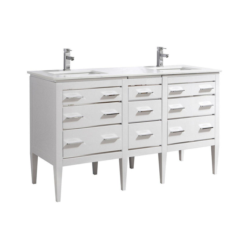 KubeBath Eiffel 60 in. Double Sink Vanity with Quartz Counter Top and White Lacquer Cabinets - E60-GW