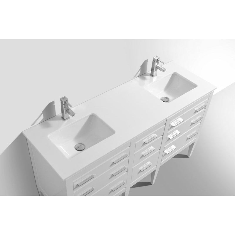 KubeBath Eiffel 60 in. Double Sink Vanity with Quartz Counter Top and White Lacquer Cabinets - E60-GW