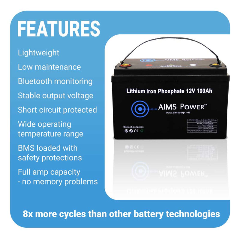 Aims Power LiFePO4 12V 100 AH Lithium Battery - Bluetooth