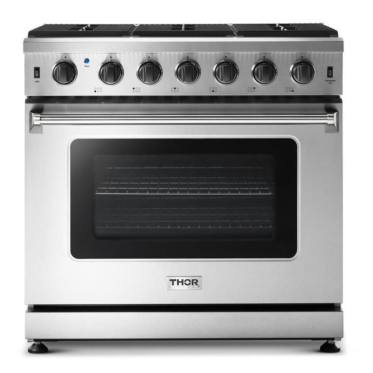 Thor Kitchen Appliance Package - 36 in. Propane Gas Range, Range Hood, Refrigerator, Dishwasher, Wine Cooler, AP-LRG3601ULP-4