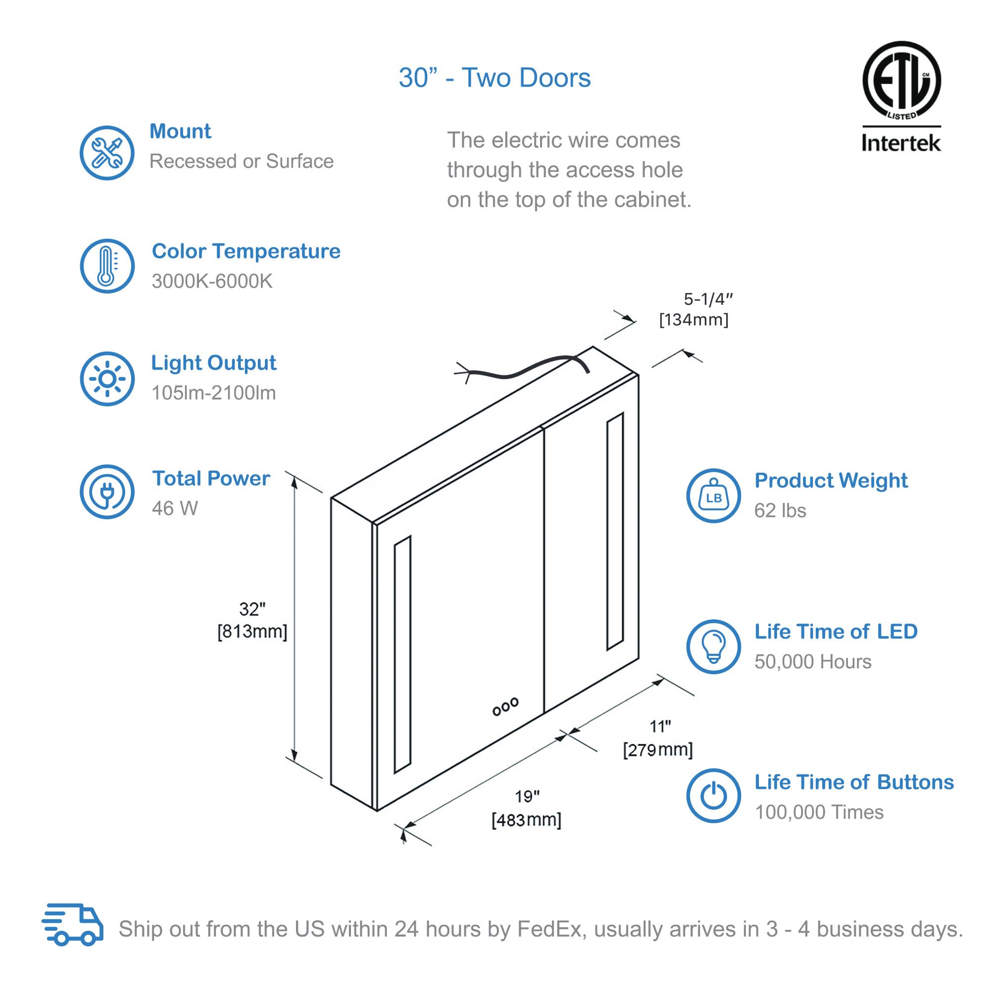 Blossom Pillar – 30 Inches LED Medicine Cabinet - MCL1 3032 - Backyard Provider