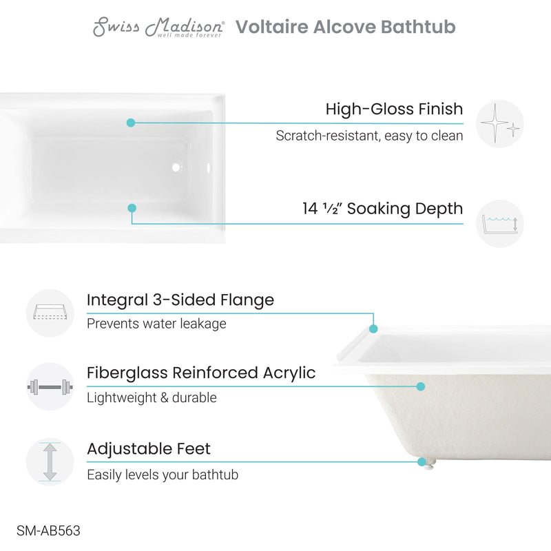 Swiss Madison Voltaire 54 in x 30 in Acrylic Glossy White, Alcove, Integral Right-Hand Drain, Bathtub - SM-AB563 - Backyard Provider