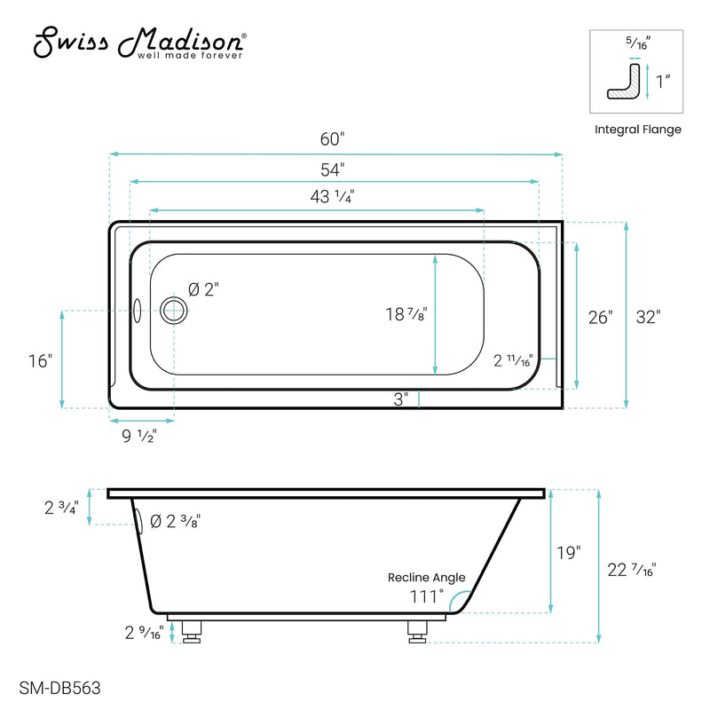 Swiss Madison Voltaire 60" X 32" Left-Hand Drain Alcove Bathtub - SM-DB563 - Backyard Provider